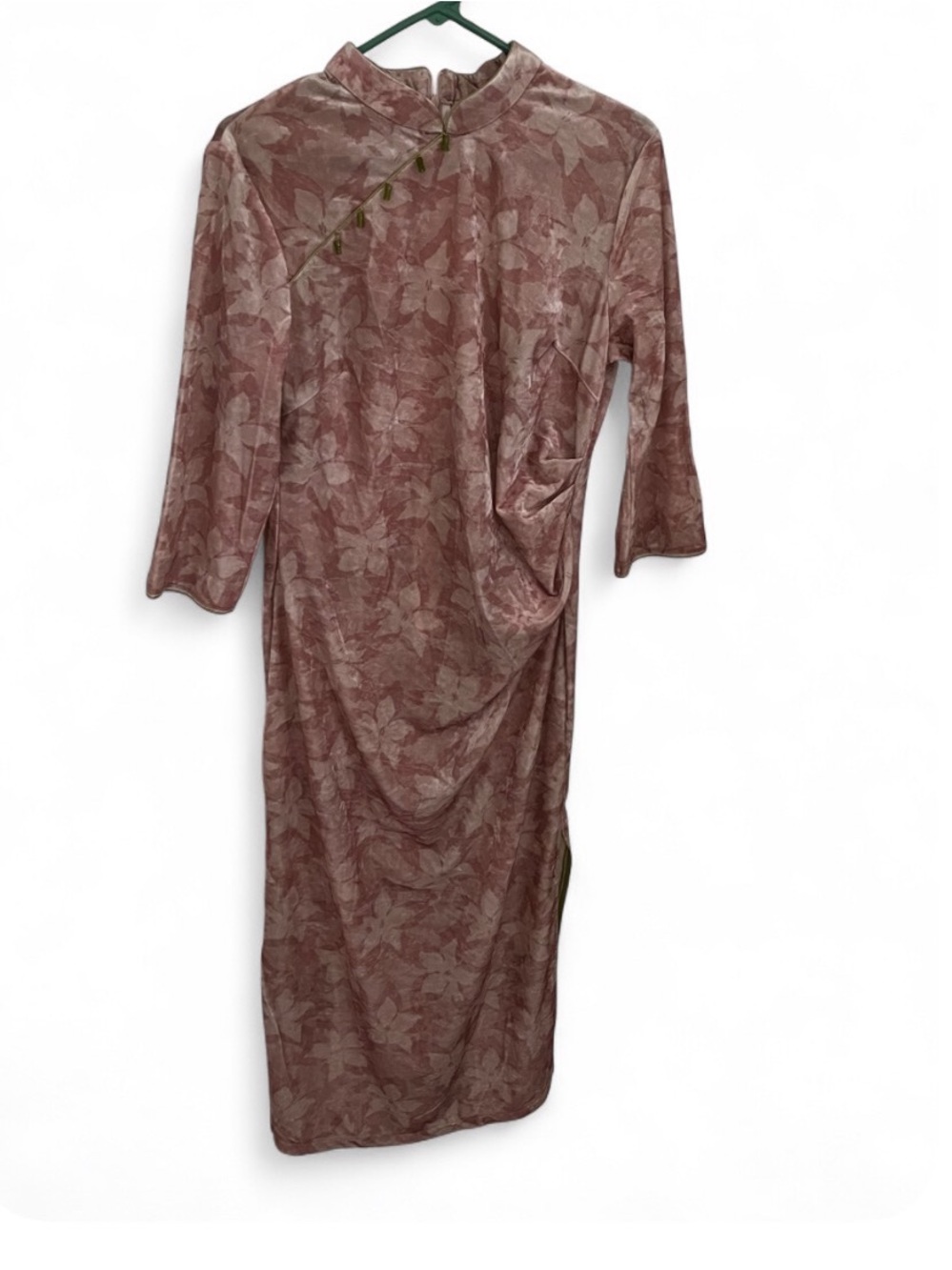 Dusty Rose Floral Velvet Maxi Dress with Mandarin Collar